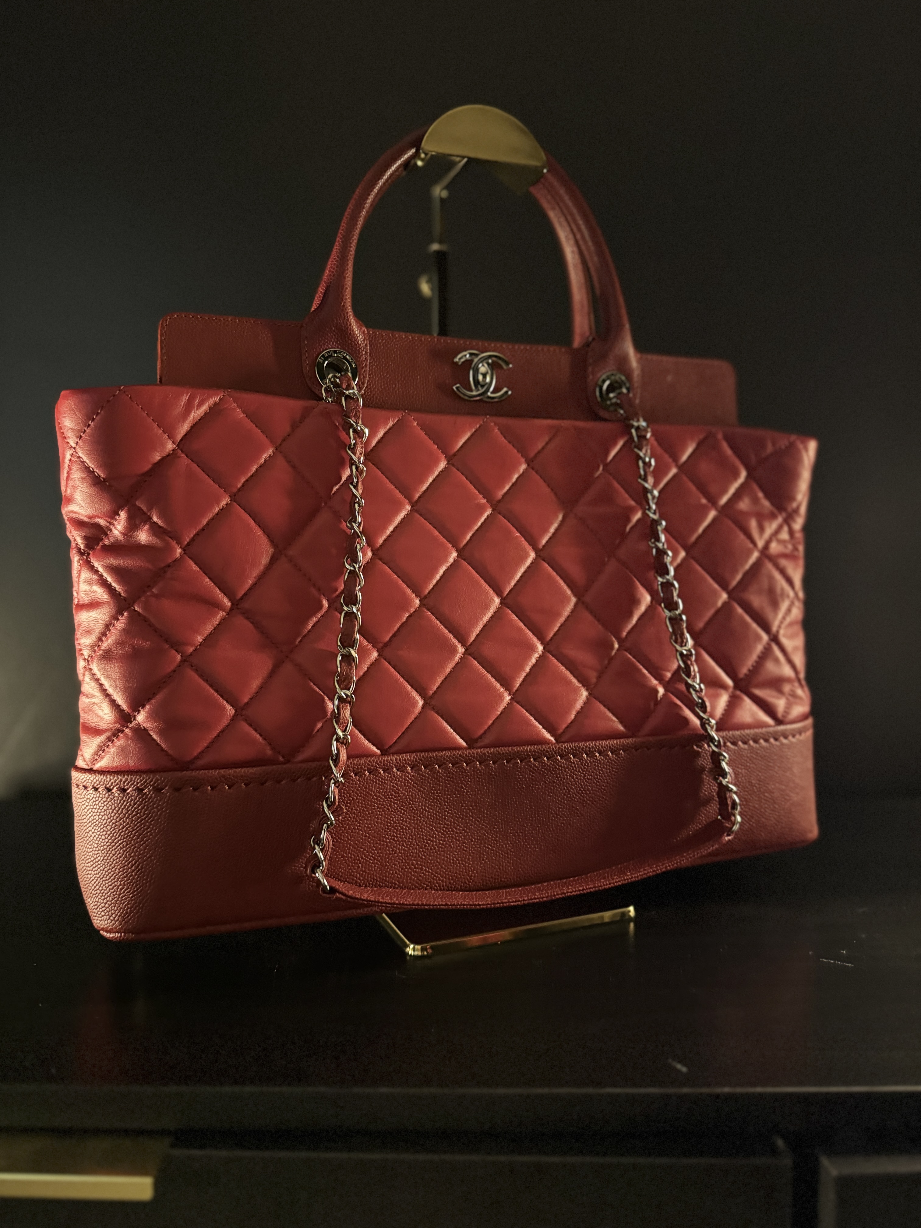 Chanel Chanel Red Diamond-grained Cowhide Leather 2-way Shoulder Bag Silver Hand-milled Cross-shoulder Double-shoulder Bag