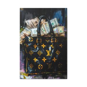 Luxury Canvas Wall Art, Black Designer Handbag with Cash, Home Decor, Fashion Art, Gift for Her, Stylish Room Decor