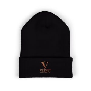 Embroidered Velvet Logo Cuffed Beanie — Classic Black Knit Hat