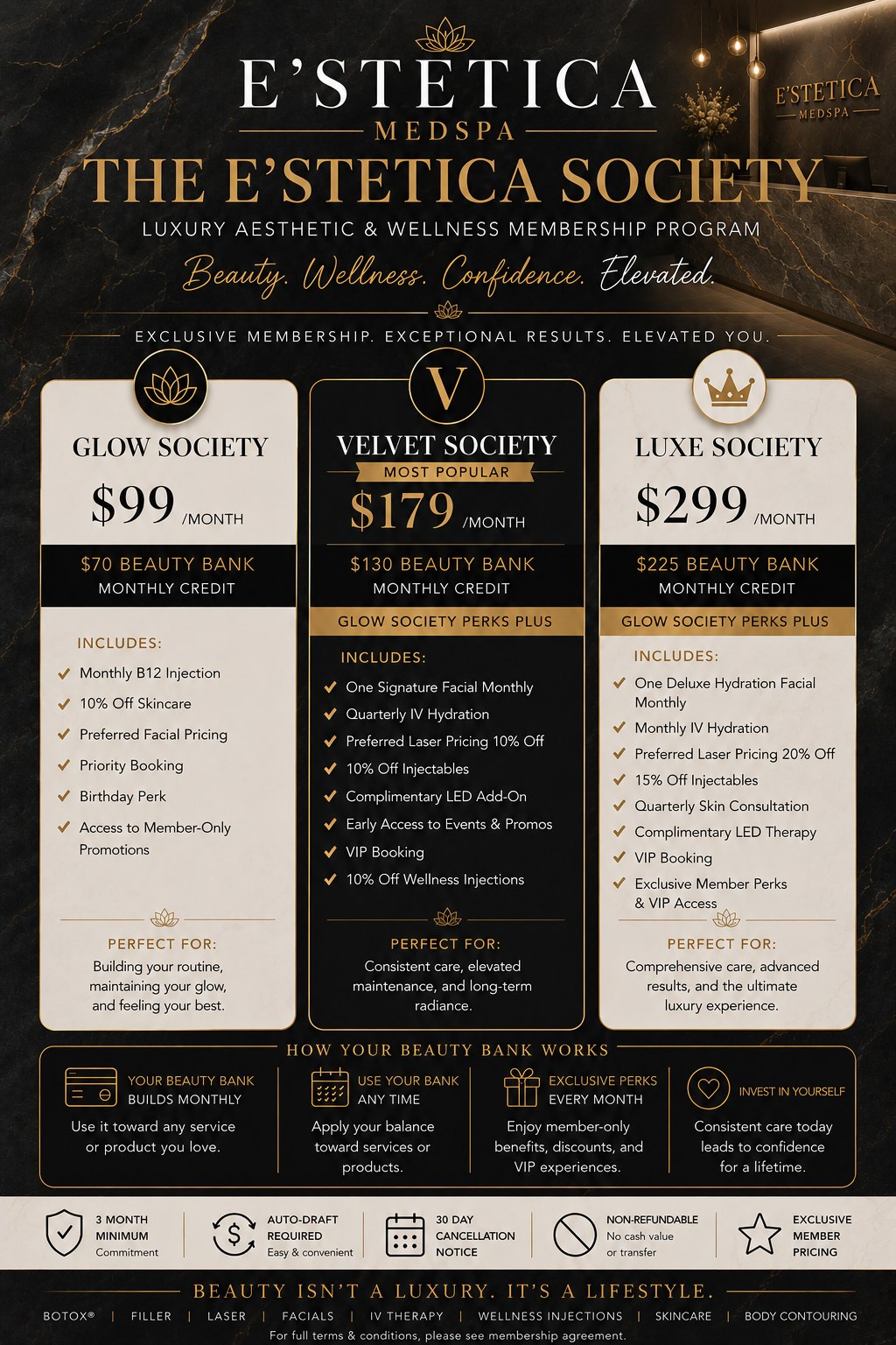 The E’stetica Society luxury aesthetics and wellness membership program flyer